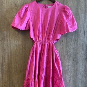 Wayf Hot Pink Puff-Sleeve Tiered Dress